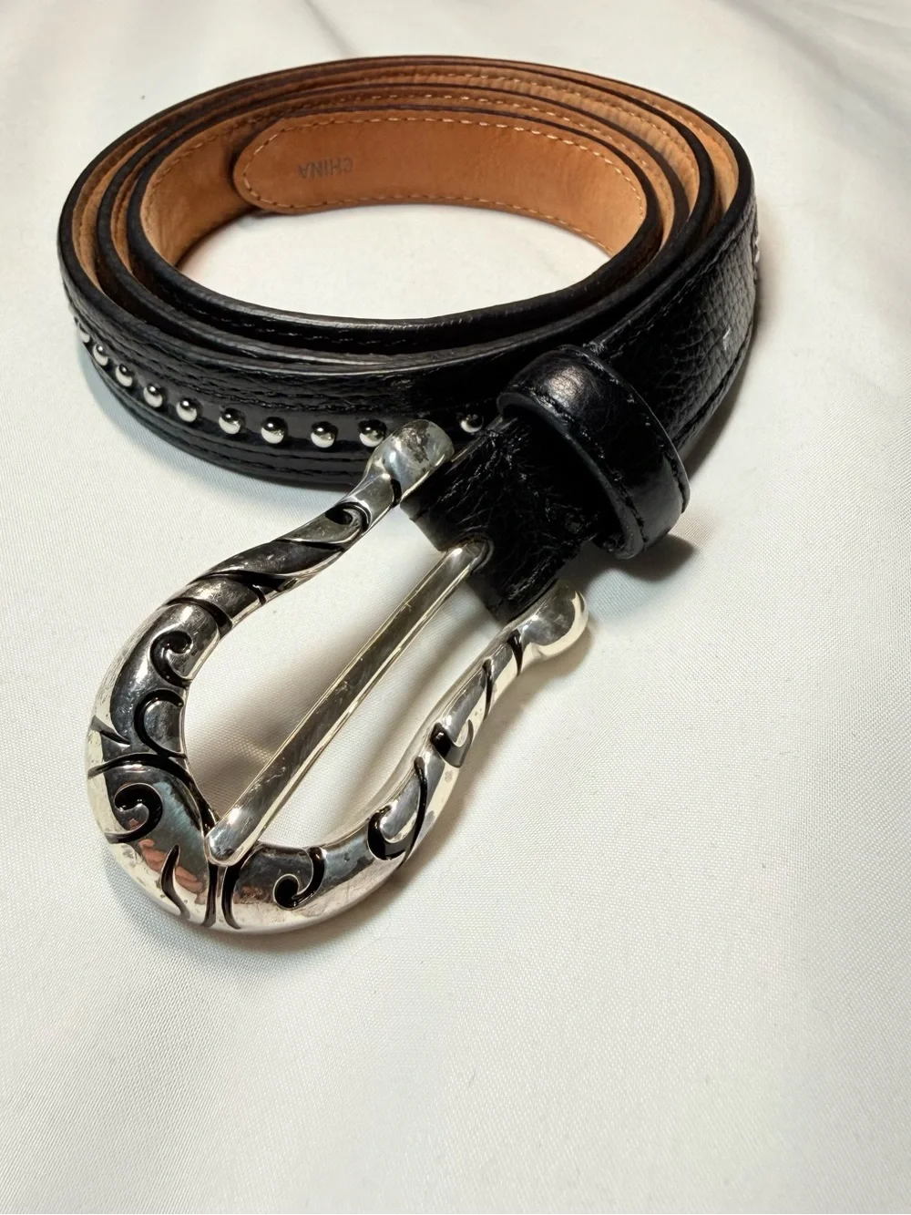 Brighton Black Pebbled Leather Studded Belt Silver Scroll Buckle Large B31803